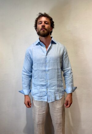 KANGRA - POLO SCOLLO V BLU ANIMA – CAMICIA LINO CELESTE